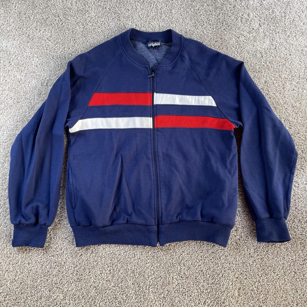 Vintage Triples Track Jacket Mens Large Blue Full Zip Striped Knit Taiwan ROC